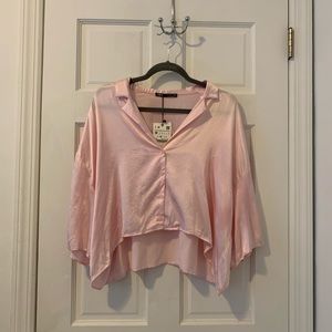 Zara cropped pink silk button down